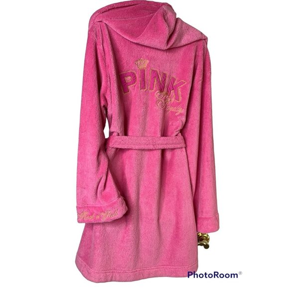 Victoria's Secret Other - Victoria's Secret PINK M/L Gold Embroidery Plush Bath Robe Hoodie Barbie Core VS